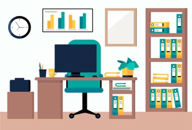 İş yeri konsepti. Ofis içi. Birlikte çalışmak için tasarlandı. Bilgisayar, yazıcı, kahve fincanı, poster, hatırlatma çıkartmaları, organize, duvar saati, klasörler, grafikler, ayna, bitki ve kalem içeren masaüstü 