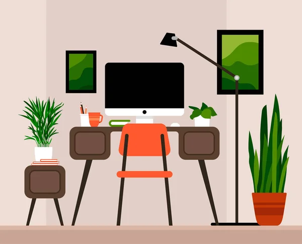 Bureau Avec Ordinateur Plantes Intérieur Salle Travail Créative Intérieur Moderne — Image vectorielle