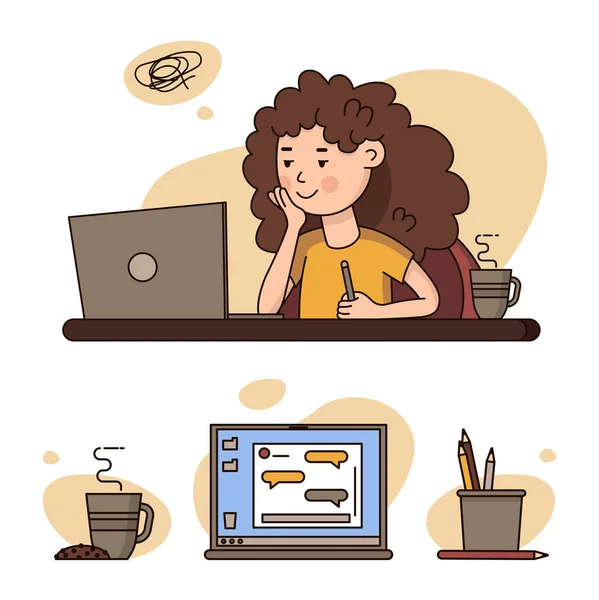 Trabajo Casa Espacio Coworking Etiqueta Concepto Mujeres Jóvenes Freelancers Trabajando — Vector de stock