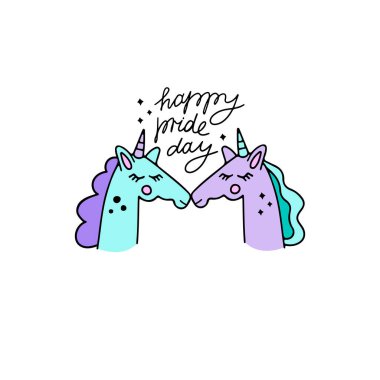 Harflerle çizilmiş tek boynuzlu at. LGBT, tüm hayatlar önemlidir, sevme özgürlüğü, gurur ayı. Bir insanın kim olduğu konusunda hoşgörü ve kabulü, renkli bir poster.