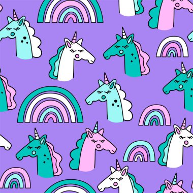 Şirin tek boynuzlu atlar ve gökkuşağı ile vektör çizimi. Tek boynuzlu atların sihirli arka planı. Elle çizilmiş, pürüzsüz desen. Midilliler ve atlar, çocuklar için büyü, kumaş