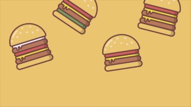 Düşen burgerli video animasyonu, çizburgerli arka plan. Fast food, restoranlar, yemek blogcuları, restoran eleştirmenleri ve hamburgerciler için uygun. Et yiyenler veya soya eti, vejetaryen burger.