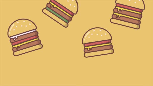 视频动画与下降汉堡包 背景与芝士汉堡包 适用于快餐店 食品博客 餐馆评论家和汉堡店 肉食或豆肉 素食汉堡 — 图库视频影像
