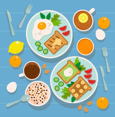 Kahvaltıyı yiyecek ve içeceklerle kavramsallaştır. Kahveli lezzetli otel kahvaltısı, limonlu çay, portakal suyu, haşlanmış yumurta, sahanda yumurta, sebze ve meyveli kareli kumaş..