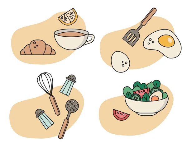 食物图标 在旅馆吃早餐 煮在家里 烹饪书的图解 食谱的图片 餐厅的食物 加羊角面包的咖啡 矢量图形