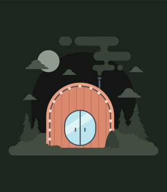 Vektör stok glamping konsepti rahat açık hava eğlencesi. Kamp, kamp, vahşi doğa tatili ile rahat bir kamp. Reklamcılık, kır evleri ve açık hava eğlencesi için uygundur.