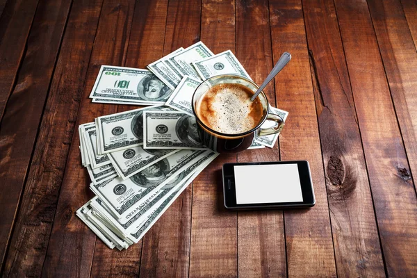 Café, dinero y teléfono — Foto de Stock