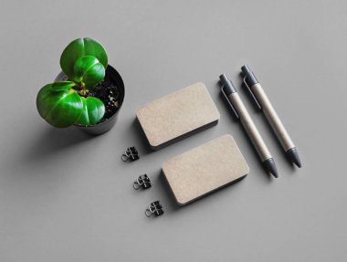 Gri kağıt arka planda boş Kraft kırtasiyesi. Damgalama modeli.