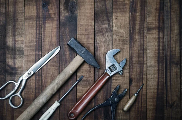 Old Work Tools Wood Table Background Flat Lay — Stock Photo, Image