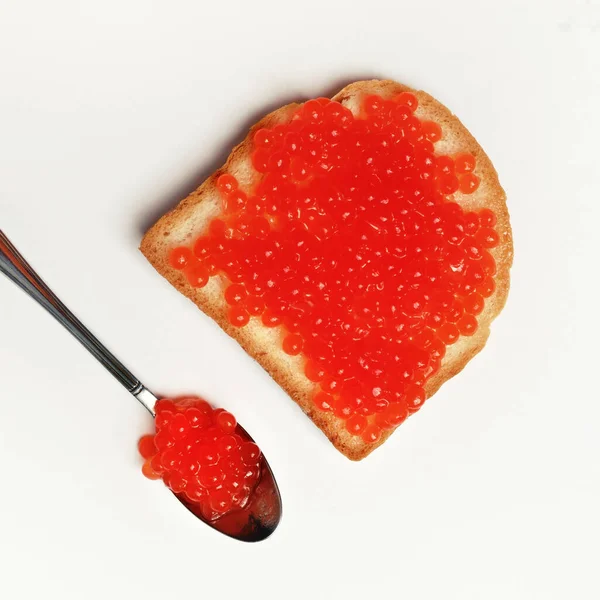 Roter Kaviar Sandwich Und Löffel Ansicht Von Oben Flache Lage — Stockfoto