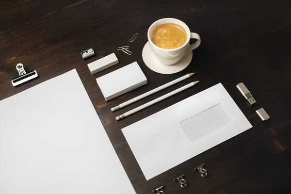 Blank Stationery Set Corporate Identity Template Wooden Background Design Presentations — Stock Photo, Image