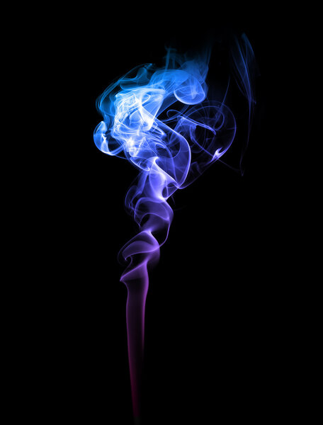 Abstract bright blue and purple smoke on a dark background.