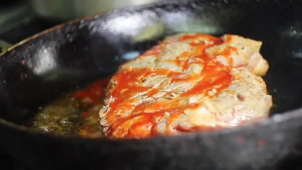 Grilling Meat In A Frying Pan Stock Video