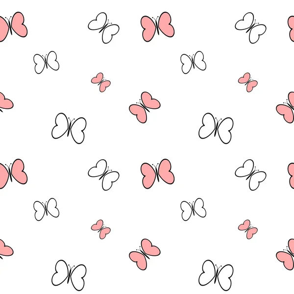 Чорно-білий рожевий мультфільм метелики безшовний векторний візерунок фонова ілюстрація — стоковий вектор