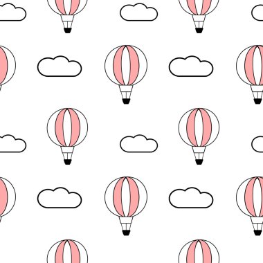 siyah beyaz pembe sorunsuz vektör desen arka plan illüstrasyon sevimli çizgi hava balonu ile