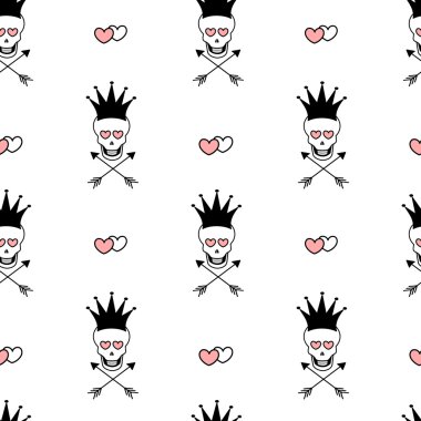 siyah beyaz pembe sorunsuz vektör desen arka plan illüstrasyon kafatası kron ve kalpleri ile