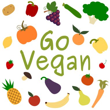 vegan vektör kartı arka plan illüstrasyon meyve ve sebze ile gitmek