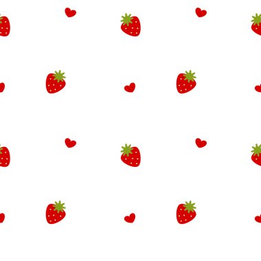 Beyaz zemin üzerinde kırmızı, şirin çilekler ve kalpler kusursuz vektör deseni çizimi