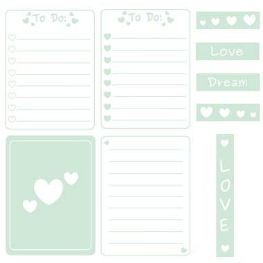 kartlar, notlar, kalpleri illüstrasyon ile dergi için yazdırılabilir şablon sevimli nane renk vektör seti