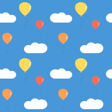 Mavi gökyüzünde renklendirilmiş şirin balonlar kusursuz vektör desenli arkaplan resimlemesi