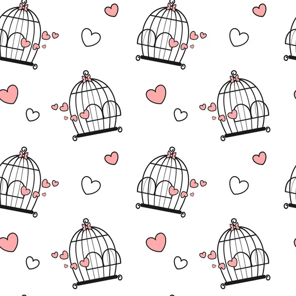 Preto branco rosa bonito lindo desenho animado birdcage com corações sem costura vetor padrão fundo ilustração —  Vetores de Stock