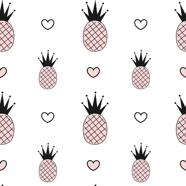 Carino rosa nero bianco senza soluzione di continuità modello vettoriale sfondo illustrazione con ananas e cuori — Vettoriale Stock