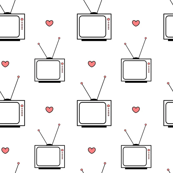 Schwarz weiß rosa vintage retro cartoon television nahtlose vektormuster hintergrund illustration mit herzen — Stockvektor