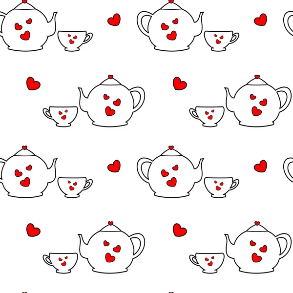 Bonito lindo desenho animado preto branco vermelho chá conjunto com corações sem costura vetor padrão fundo ilustração —  Vetores de Stock