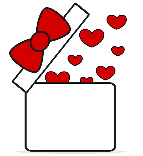 Sevimli karikatür kırmızı beyaz hediye kutusu kalpleri vektör kavramı illüstrasyon ile açık — Stok Vektör