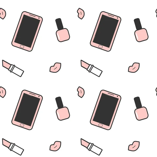 Lindo rosa blanco negro teléfono inteligente esmalte de uñas lápiz labial y labios sin costuras vector patrón fondo ilustración — Vector de stock