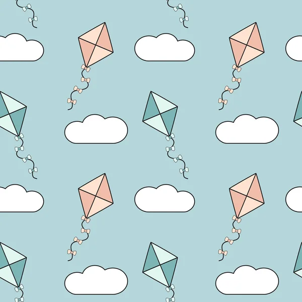 Cerfs-volants de dessin animé coloré mignon dans le ciel bleu motif vectoriel sans couture illustration de fond — Image vectorielle