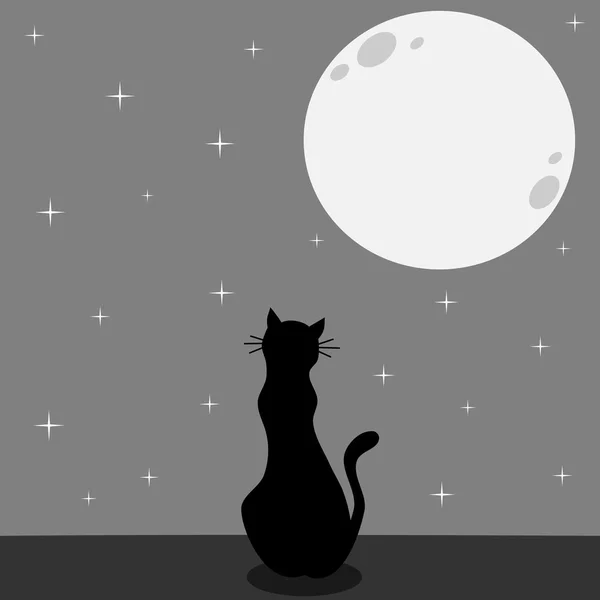 Silueta de gato negro mirando la luna llena en una ilustración de vector nocturno estrellado — Vector de stock