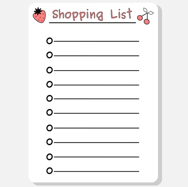 Bonito preto branco rosa vetor lista de compras imprimível com ilustração de morango e cereja — Vetor de Stock
