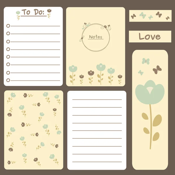 Lindo vector romántico imprimible tarjetas de diario, notas, para hacer lista, pegatinas y marcador con ilustración de flores . — Vector de stock