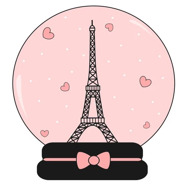 Palla di cristallo di neve con torre eiffel e cuori carino bella rosa e romantico vettoriale illustrazione — Vettoriale Stock