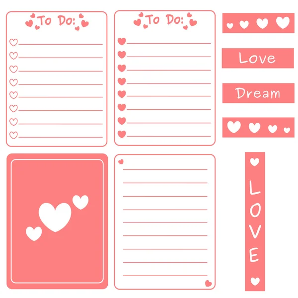 Cute pink vector set of printable template for cards, notes, journal with hearts illustration — Stock Vector