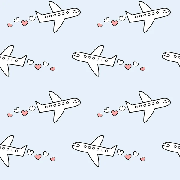 Leuke mooie en romantische vliegtuig met harten in de hemel naadloze vector patroon achtergrond illustratie — Stockvector