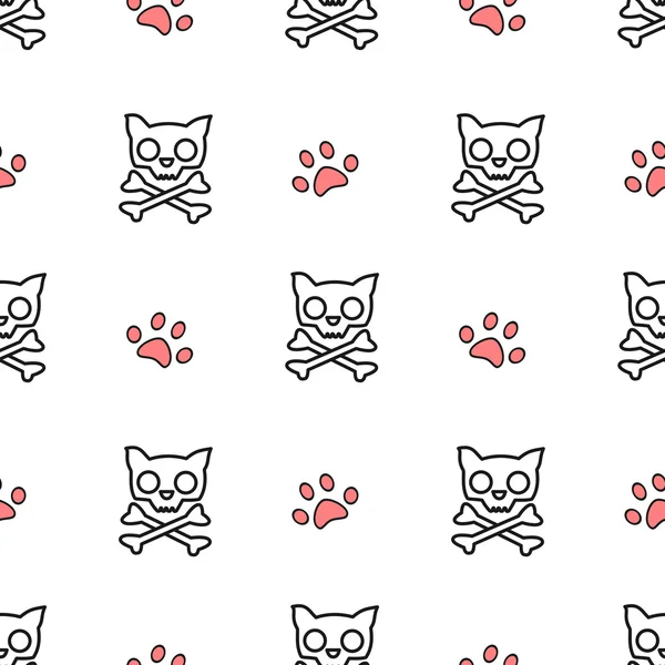 Pozadí kreslených černých bílých a červených bezešvých vektorových vzorů ilustrace s kočičí lebkou a tlapy — Stockový vektor