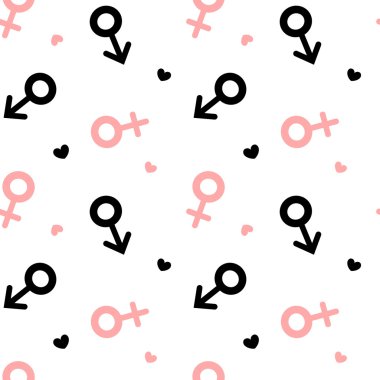 siyah beyaz pembe dikişsiz vektör desen arka plan illüstrasyon erkek ve kadın cinsiyet sembolleri ile