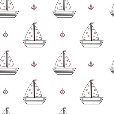 sevimli güzel siyah beyaz pembe karikatür gemi tekne sorunsuz vektör desen arka plan illüstrasyon