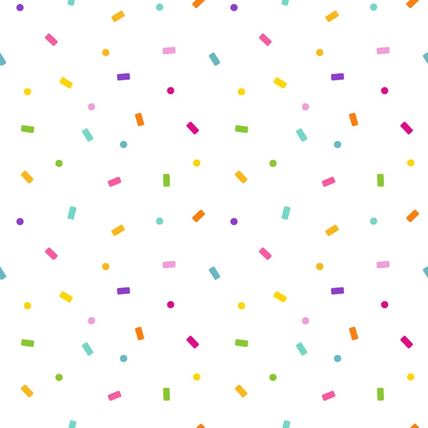 Rainbow colorful seamless vector pattern background illustration with falling paper confetti and polka dots — Stock Vector