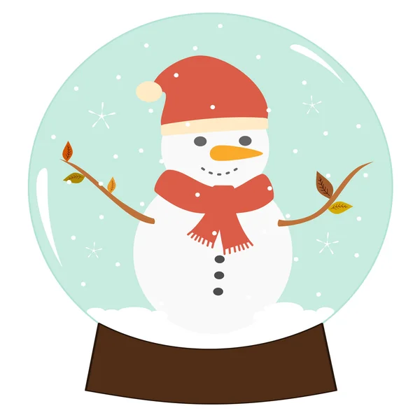 Carino cartone animato piatto Natale globo di neve isolato con pupazzo di neve. illustrazione vettoriale su sfondo bianco — Vettoriale Stock