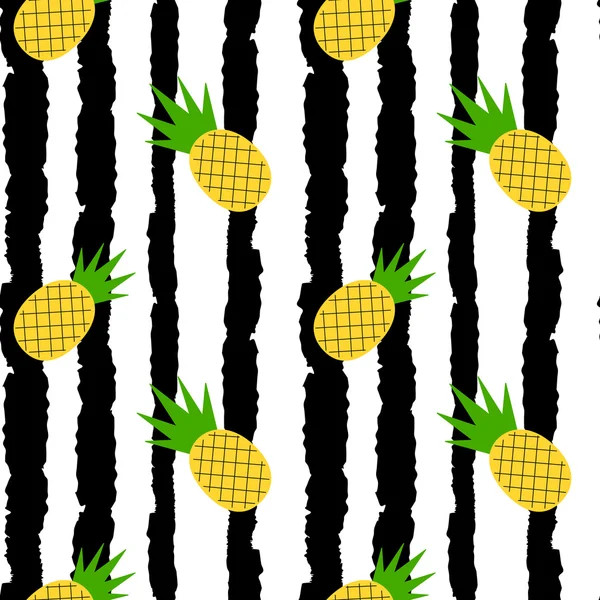 Carino giallo ananas su nero e bianco grunge strisce senza soluzione di continuità vettore modello sfondo illustrazione — Vettoriale Stock
