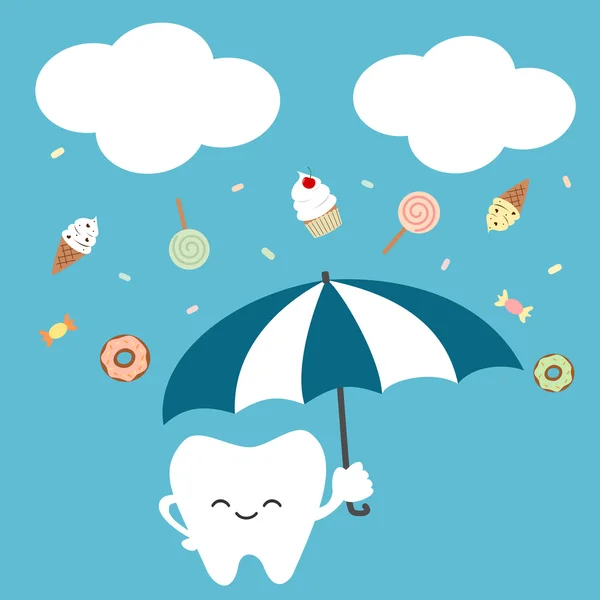 Lindo diente de dibujos animados con paraguas y lluvia caramelos concepto vector ilustración — Archivo Imágenes Vectoriales