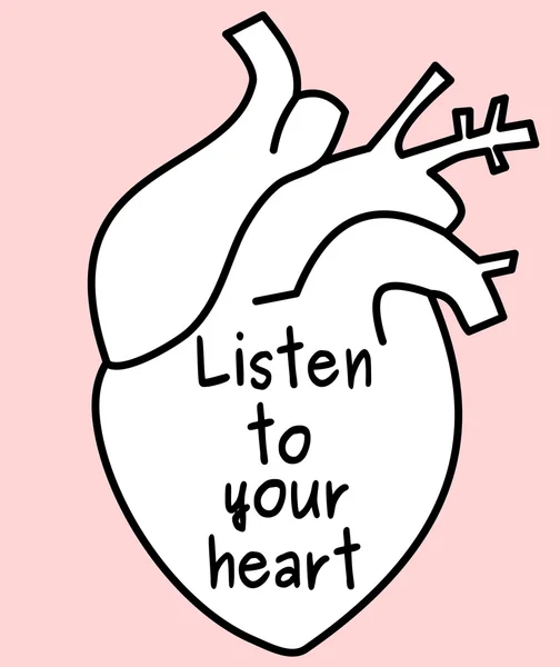 Hallgatni a szíved idézet és az emberi szív vektor fekete fehér rózsaszín koncepció illusztráció — Stock Vector