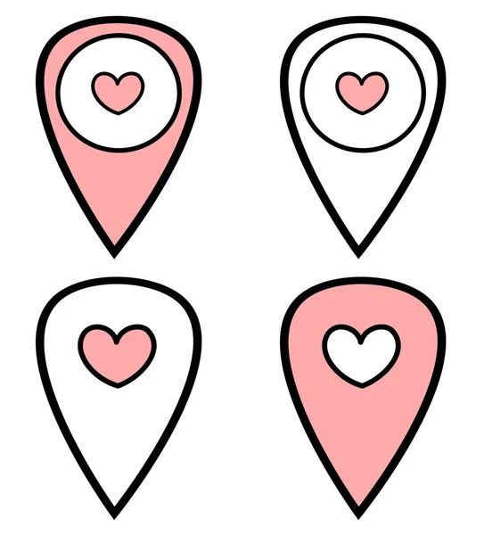 Fekete-fehér rózsaszín aranyos Térkép mutatókészlet szív ikon vektoros illusztráció — Stock Vector