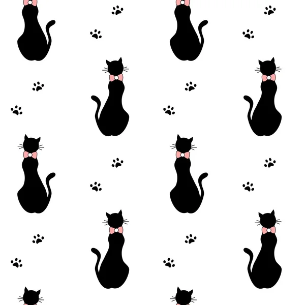 Söta tecknade svart katt med bow silhouette sömlös vektor mönster bakgrund illustration — Stock vektor