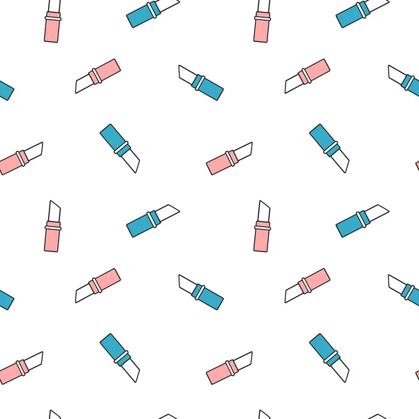 Lindo dibujo animado plana rosa y azul lápiz labial sin costuras vector patrón fondo ilustración — Vector de stock