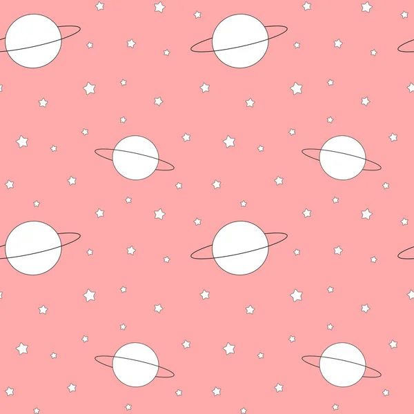 Bonito cartoon preto e branco planetas e estrelas em rosa fundo sem emenda vetor padrão ilustração — Vetor de Stock