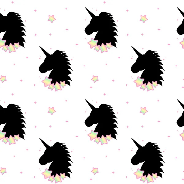 Lucu kartun hitam unicorn siluet dengan bintang pelangi mulus pola latar belakang ilustrasi — Stok Foto